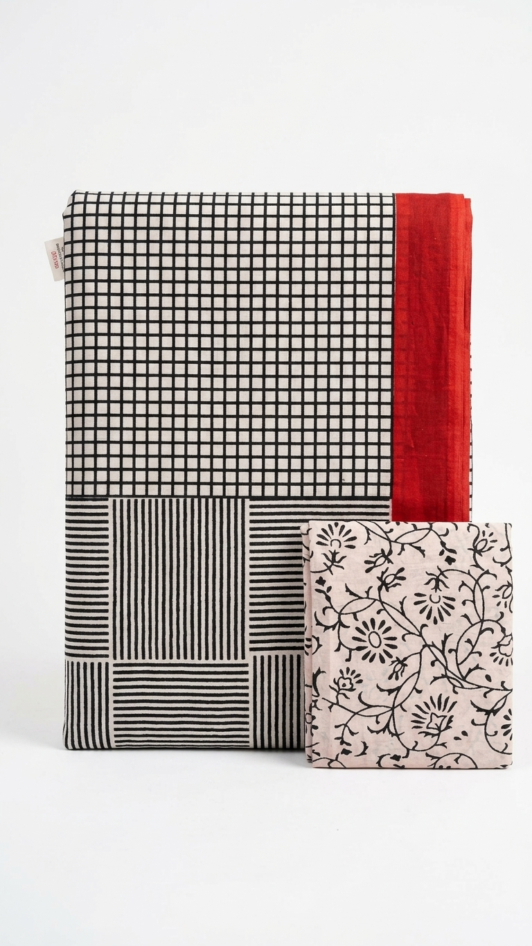 Black & White Geometric Cotton Saree with Red Border