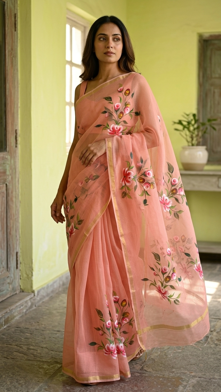 Peach Kota Saree with Hand-Painted Floral Motifs & Gold Zari Border