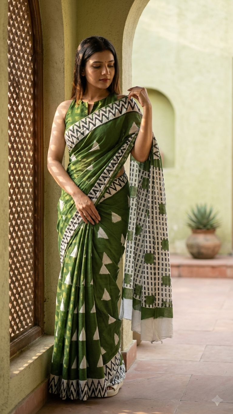 Forest Green Hand Block Printed Cotton Saree