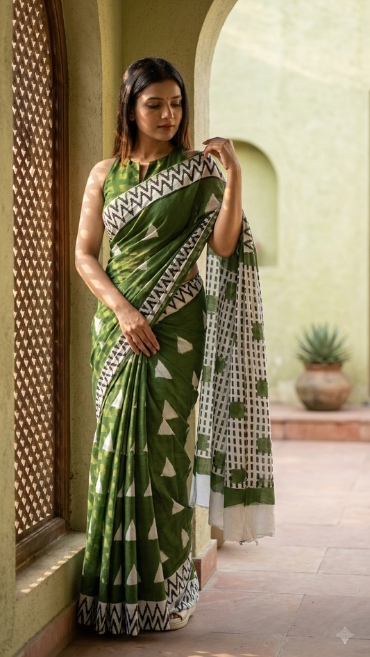 Forest Green Hand Block Printed Cotton Saree