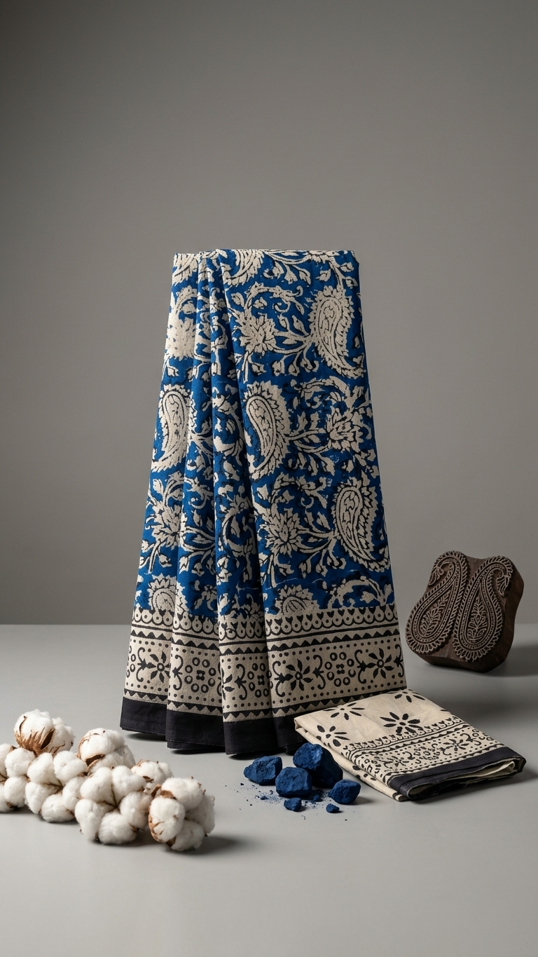 Blue Paisley Handblock Printed Cotton Saree with Ivory Border