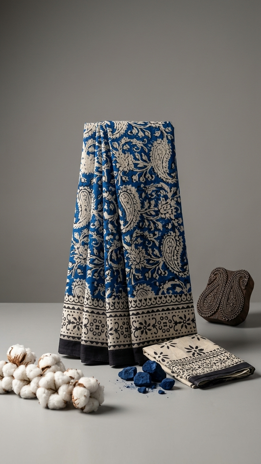 Blue Paisley Handblock Printed Cotton Saree with Ivory Border
