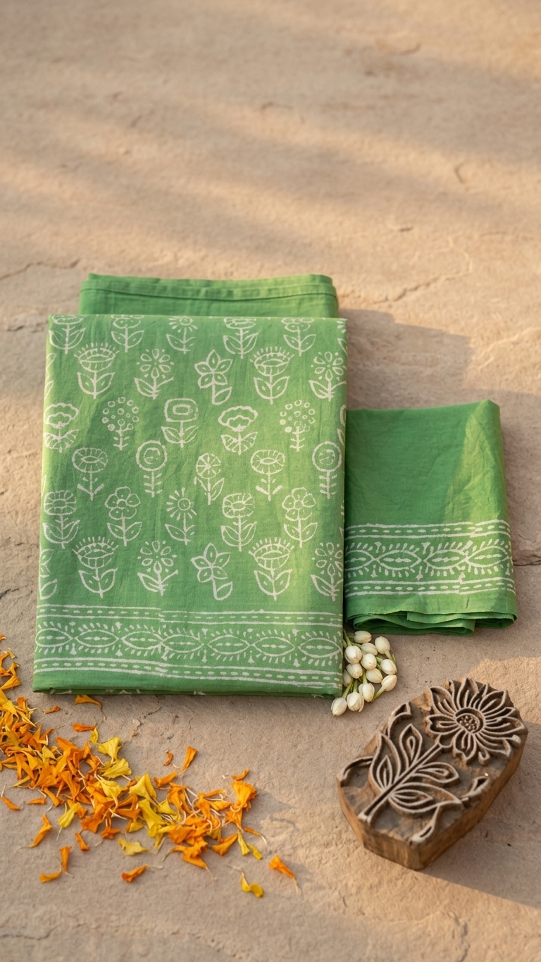 Pastel Green Handblock Printed Cotton Saree with White Floral Motifs
