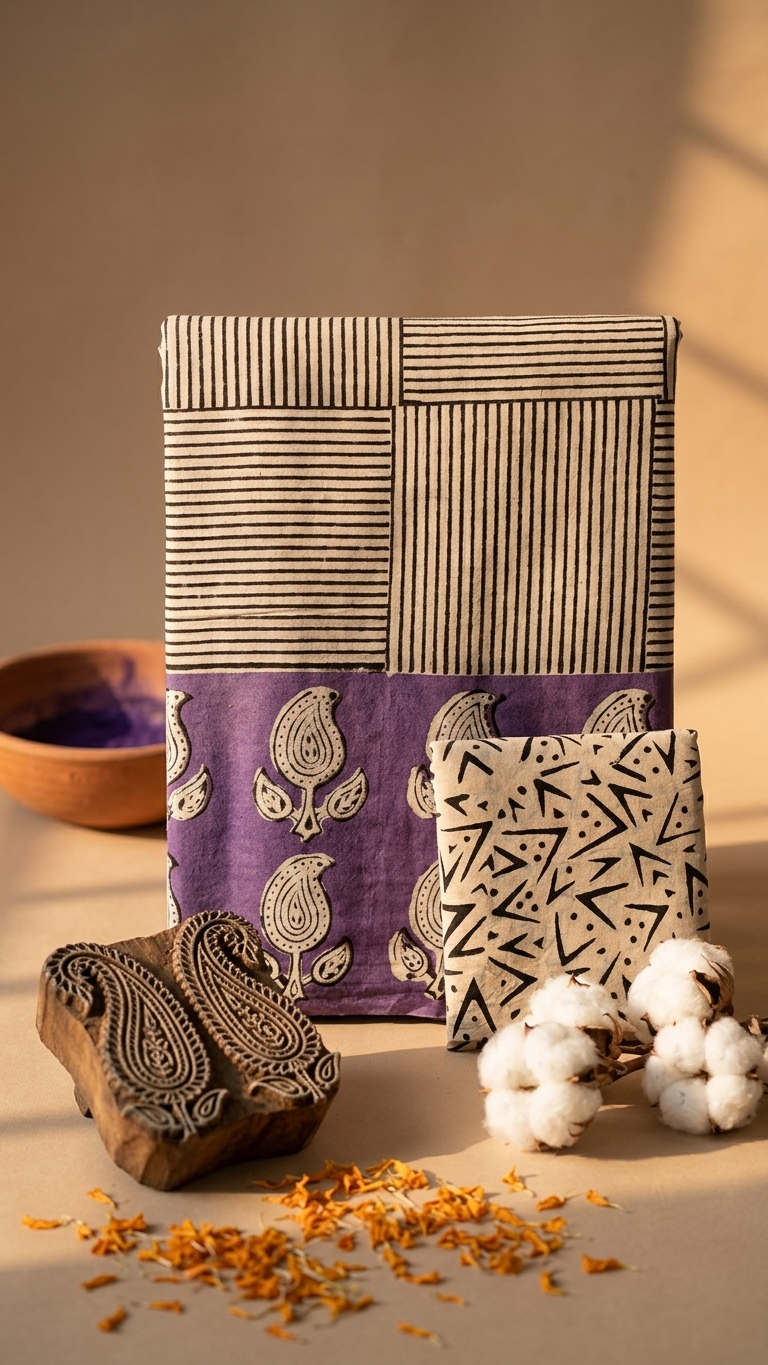 Purple Handblock Printed Cotton Saree with Black & White Striped Pallu