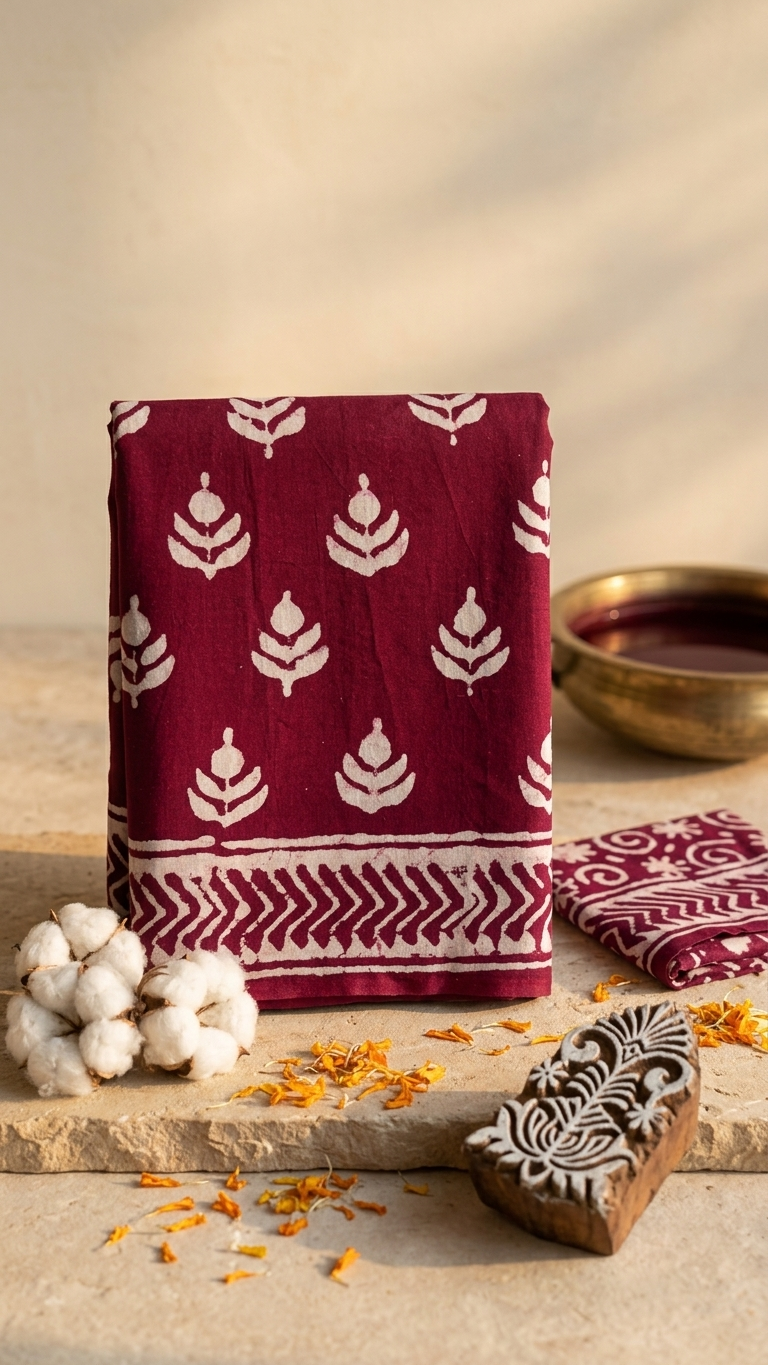 Magenta Handblock Printed Cotton Saree with White Motifs