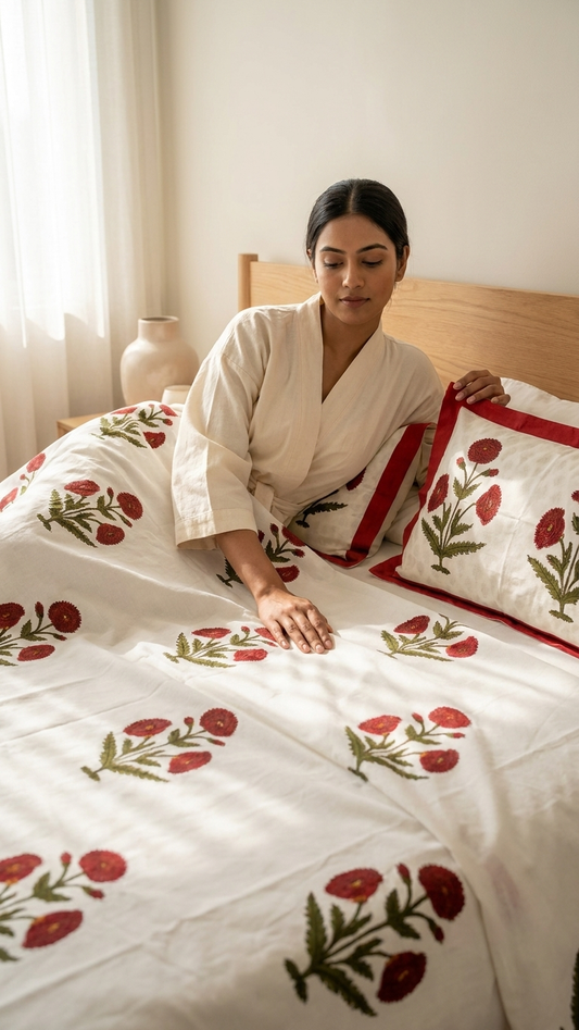 Red Marigold Block Print Cotton Bedsheet Set
