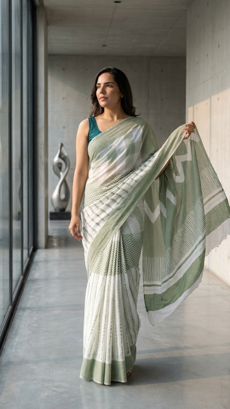Sage Green & White Hand Block Printed Cotton Saree | Shibori Chevron & Geometric Stripe Print