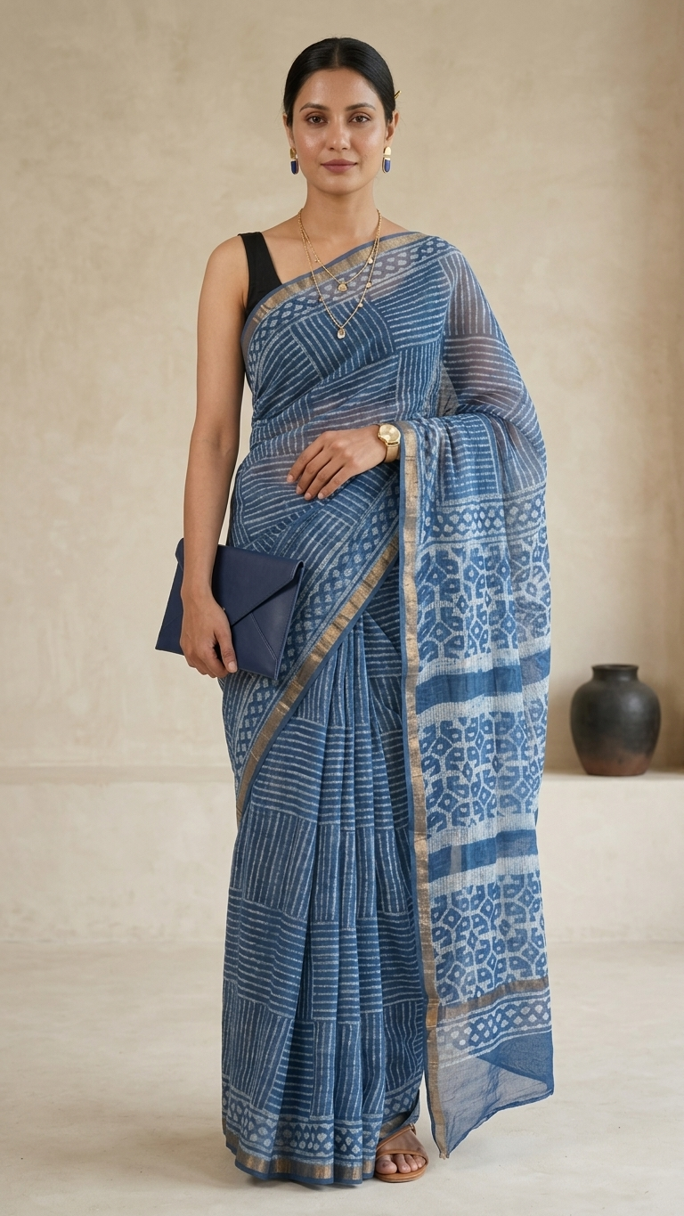 Indigo Hand Block Print Kota Doria Saree – Patchwork Geometric & Stripe Pattern