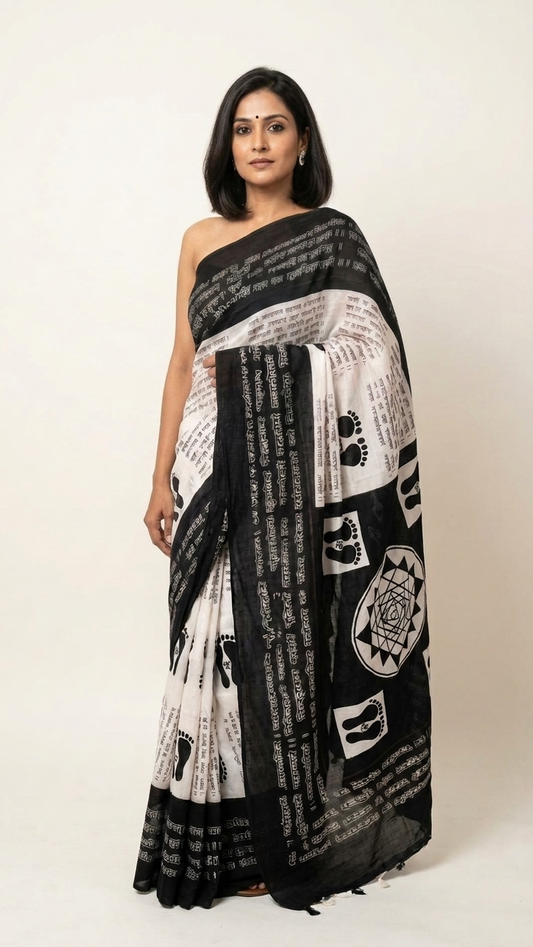 Sacred Script Hand Block Printed Black & Ivory Cotton Saree | Shri Yantra & Charan Paduka Motif
