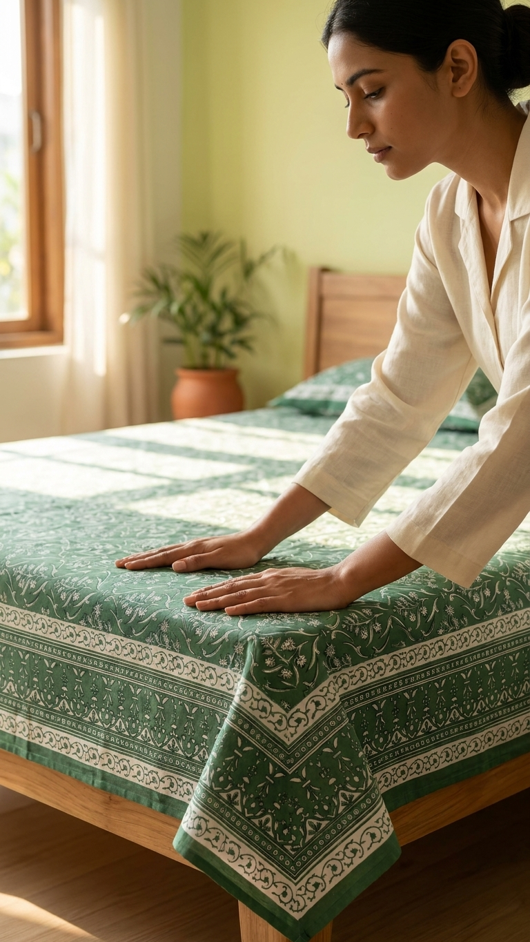 Teal & White Jaal Block Print Cotton Bedsheet Set