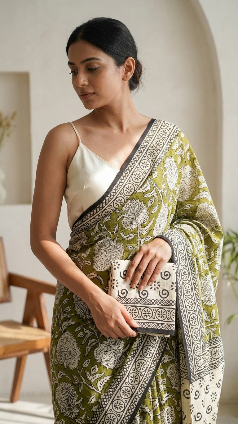 Olive Green Handblock Printed Cotton Saree with Contrast Border