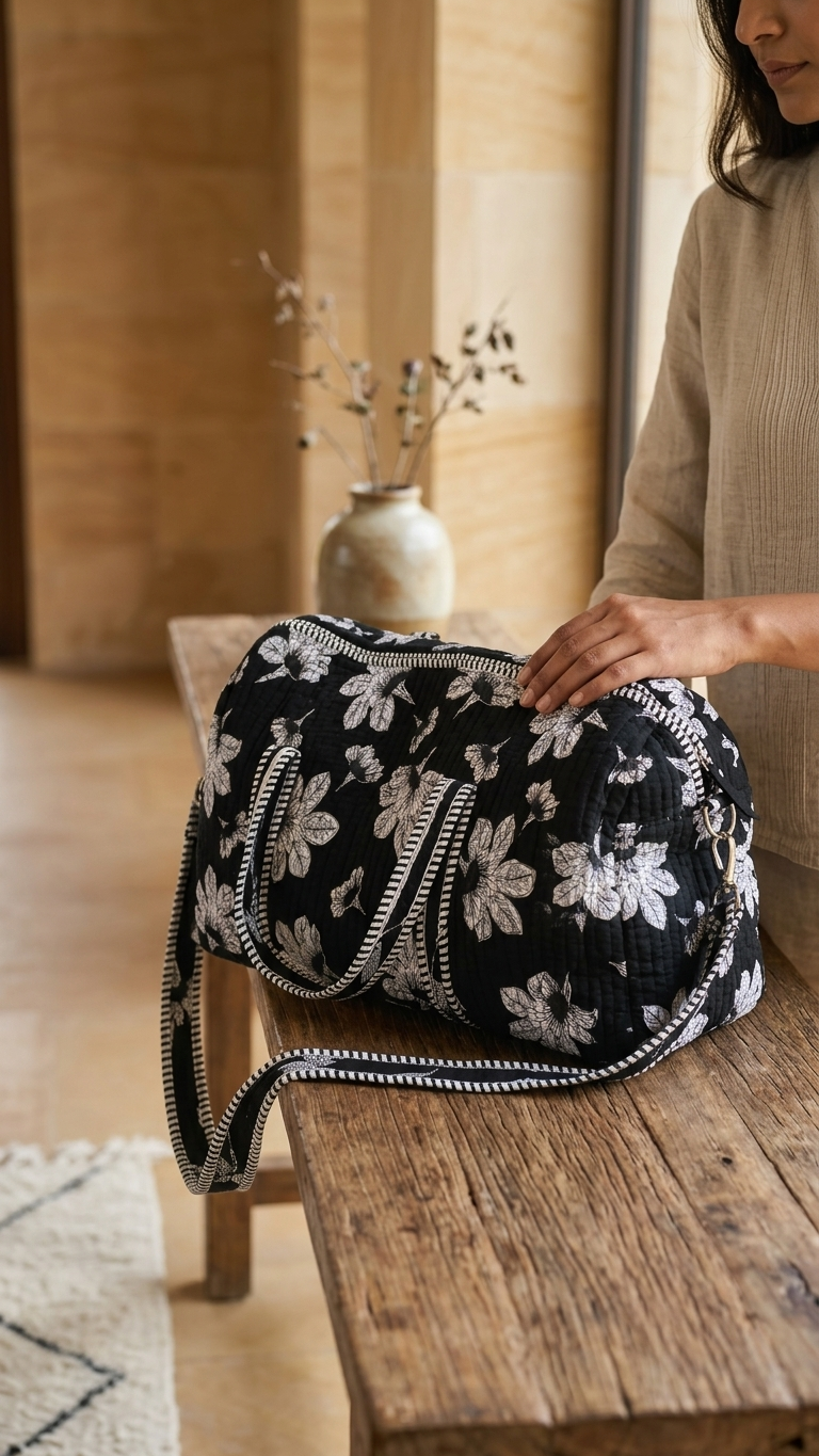 Black & White Floral Block Print Quilted Duffle Bag