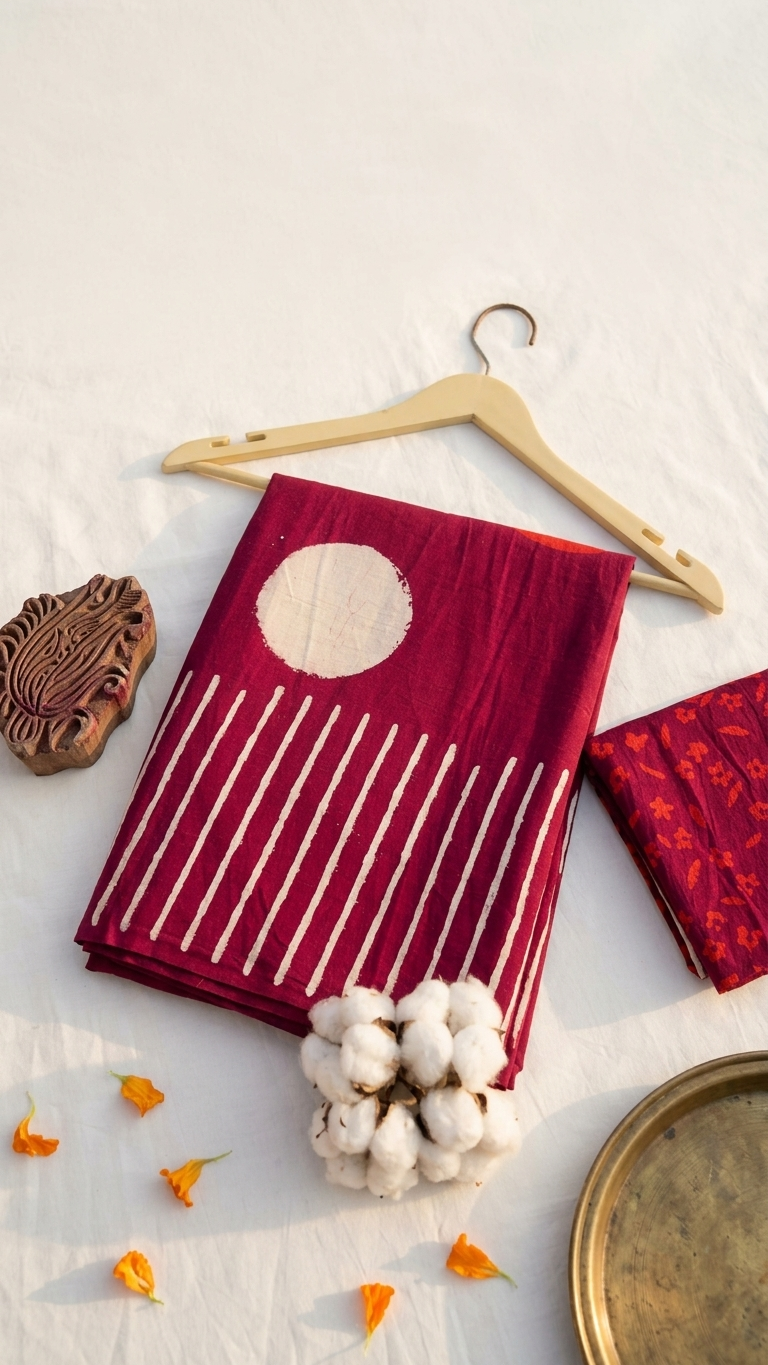 Magenta Handblock Printed Cotton Saree with Abstract Stripe Pallu