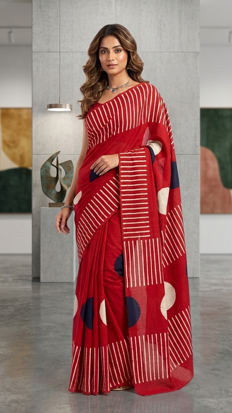 Red Abstract Printed Cotton Saree with Stripe Pallu