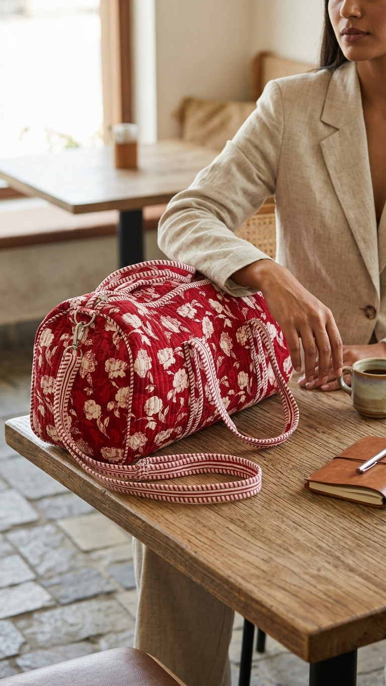 Red & Ivory Cotton Duffle Bag