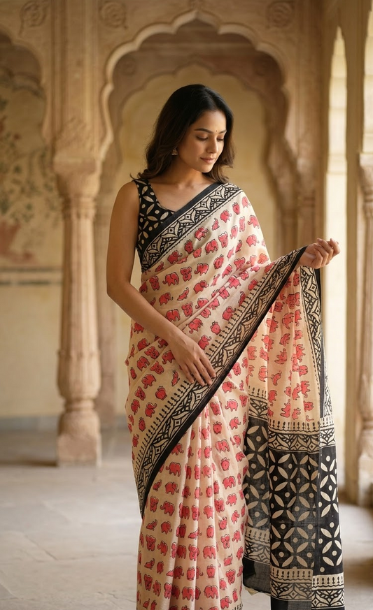 Ivory & Pink Elephant Print Cotton Saree with Black Contrast Border