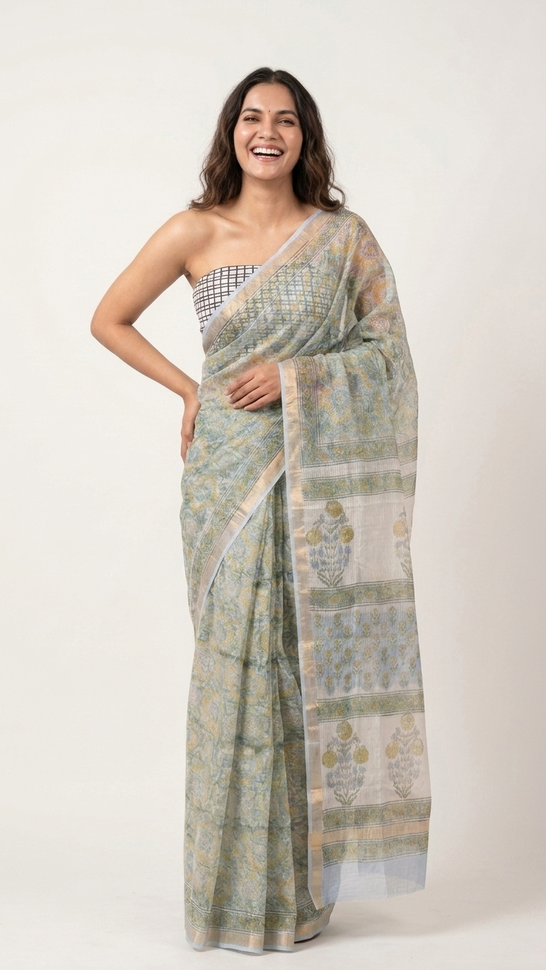 Ivory Kora Cotton Saree | Hand Block Printed Floral Boota
