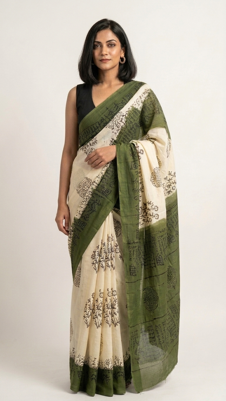 Olive Green & Off White Printed Cotton Saree for Women