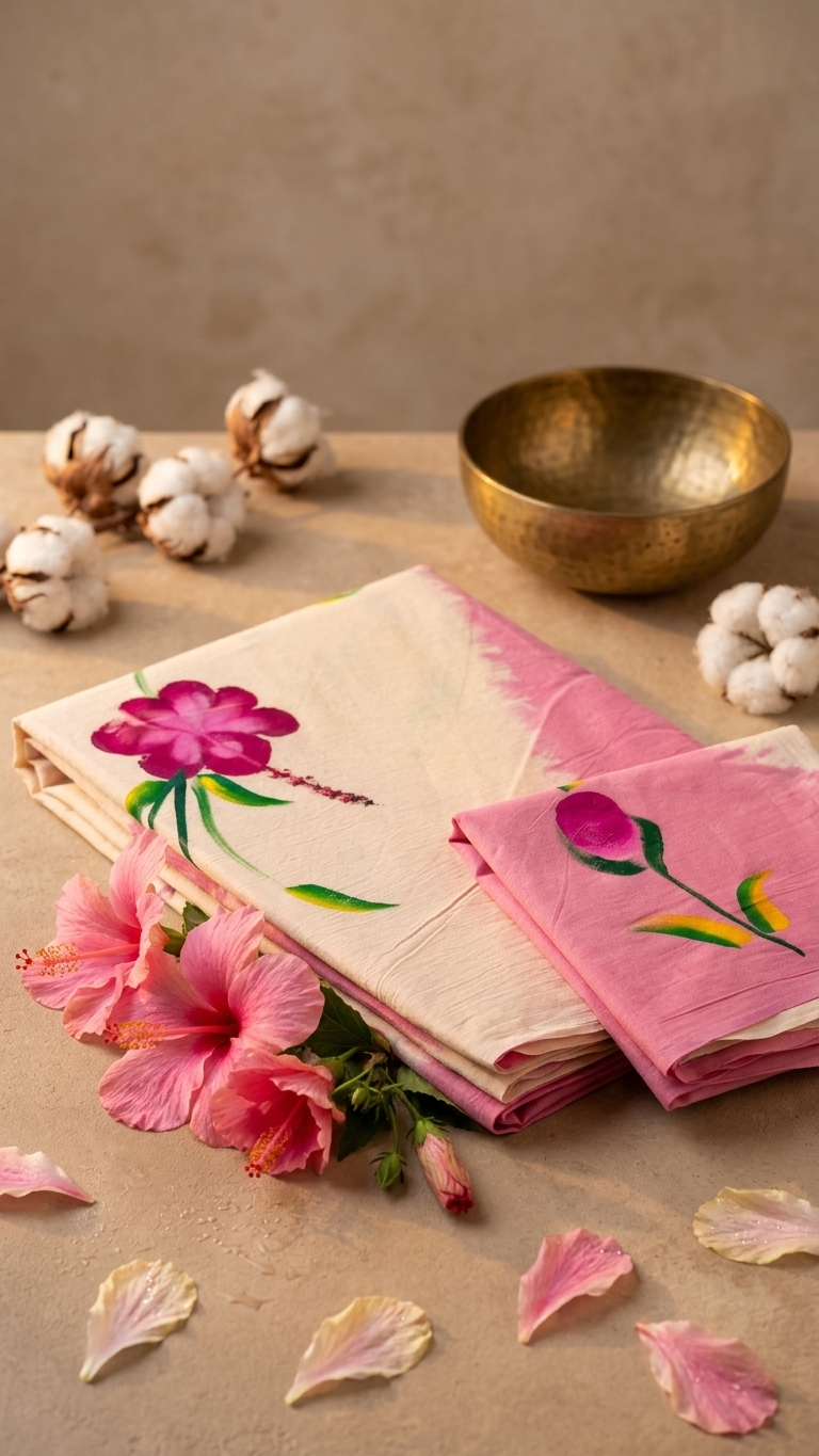 Ivory & Pink Floral Printed Cotton Saree with Contrast Blouse