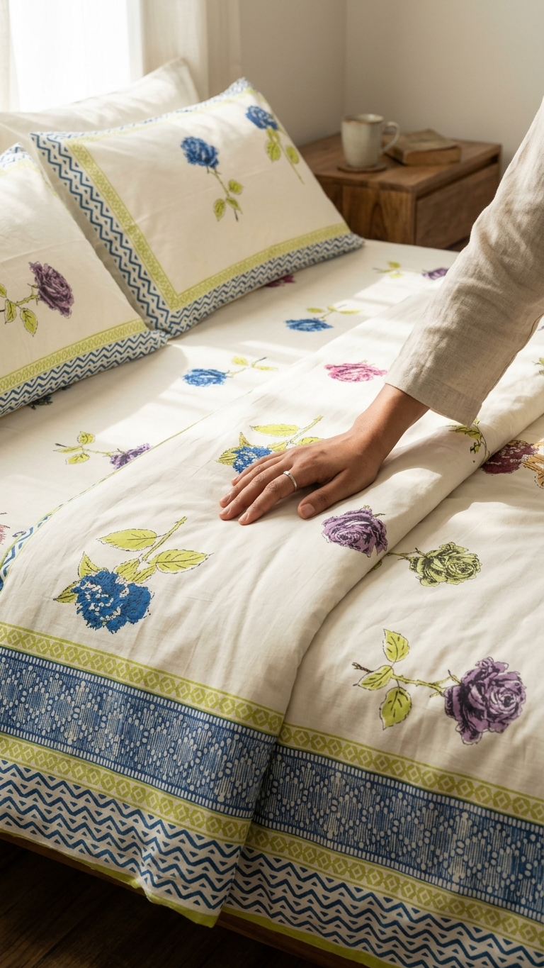 Scattered Rose Block Print Cotton Bedsheet