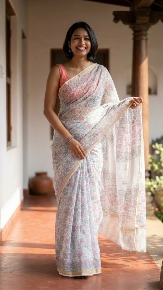 White Kota Saree with Multicolour Floral Block Print & Gold Zari Border
