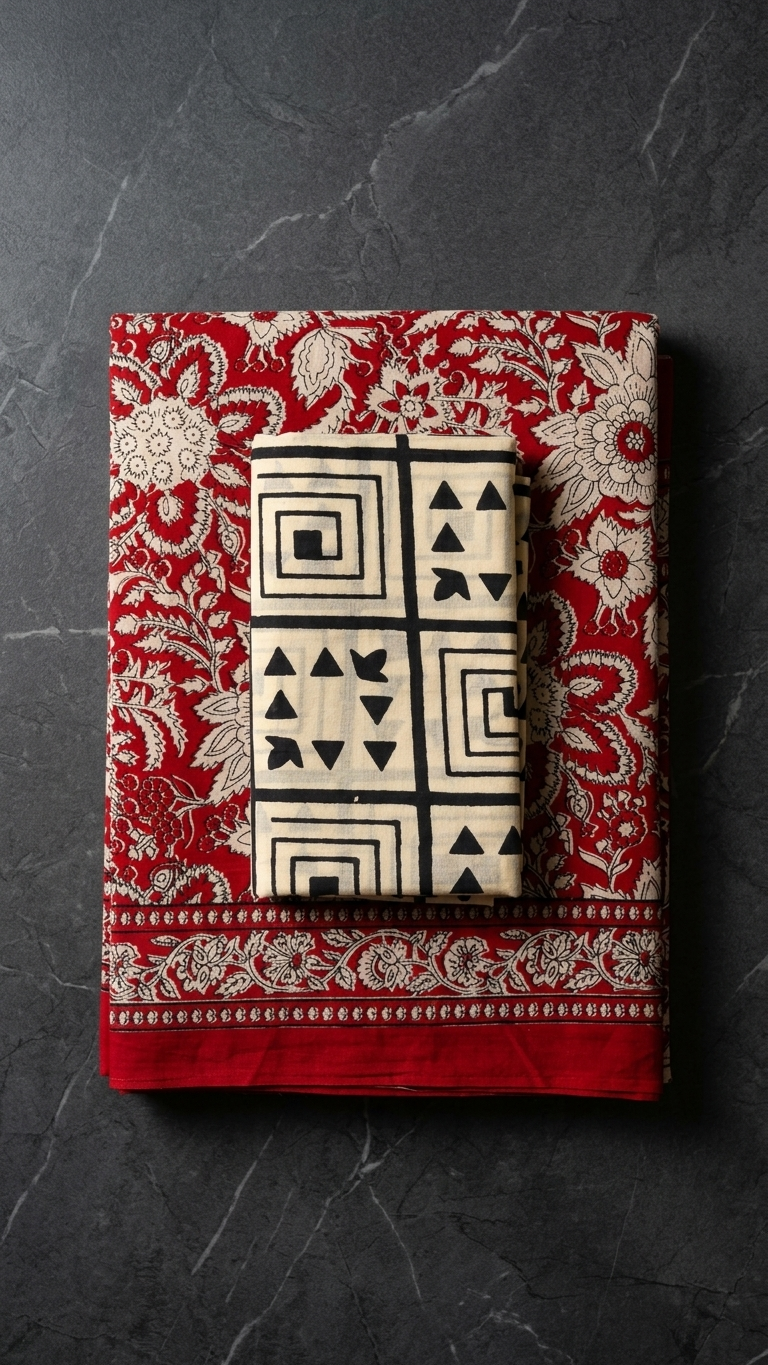Red Handblock Printed Cotton Saree with Floral Border