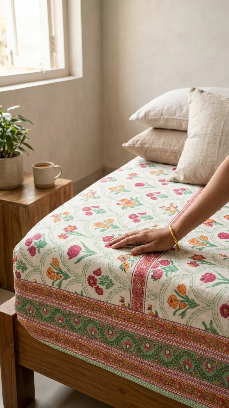 Ivory Multicolour Floral Print Cotton Bedsheet Set