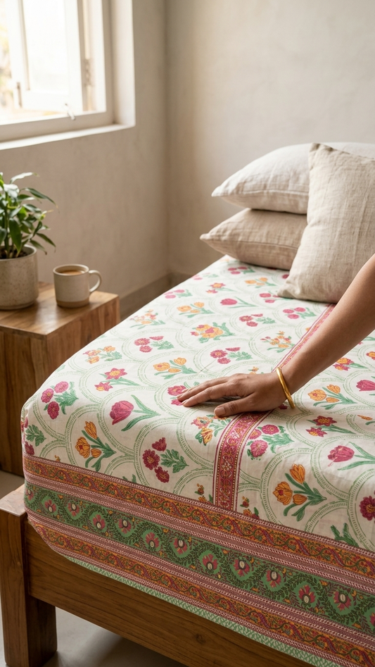Ivory Multicolour Floral Print Cotton Bedsheet Set