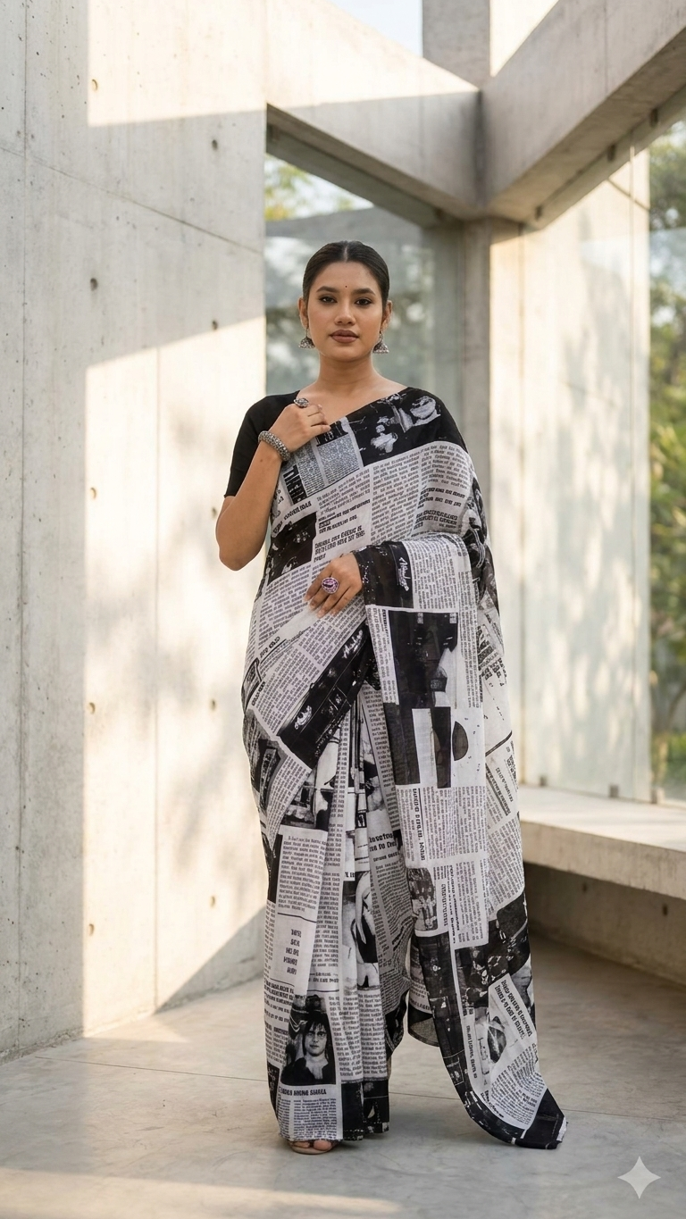 Monochrome Newspaper Print Saree