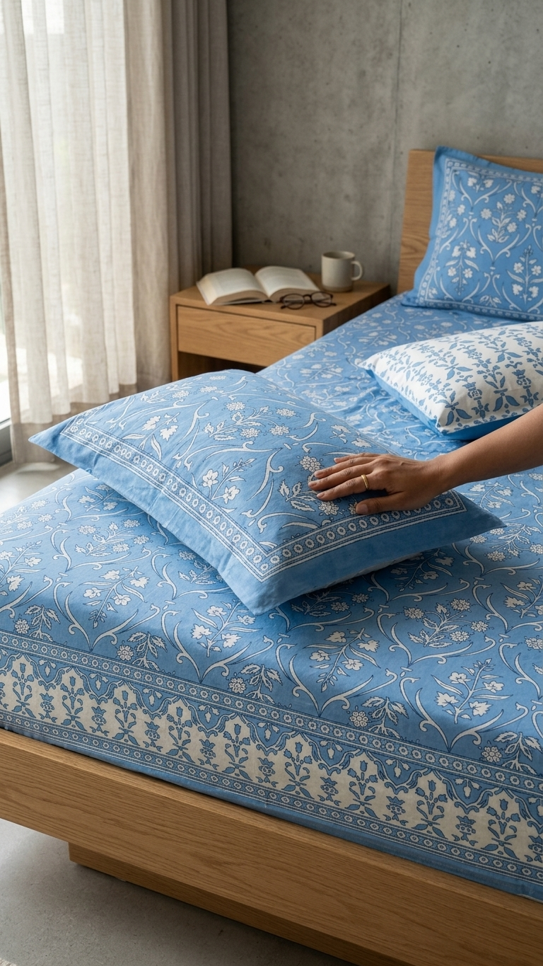 Blue & White Jaal Block Print Cotton Bedsheet Set