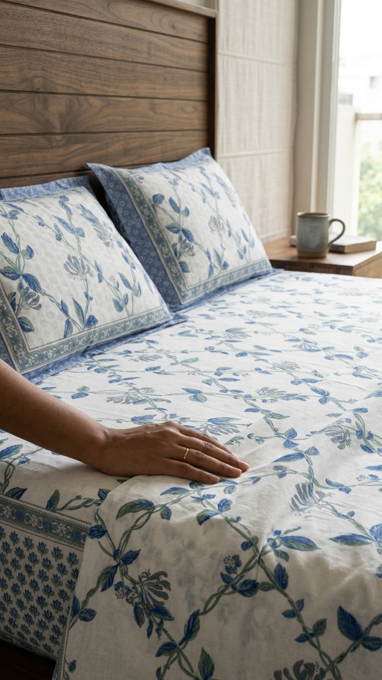 Blue Floral Block Print Bedsheet Set
