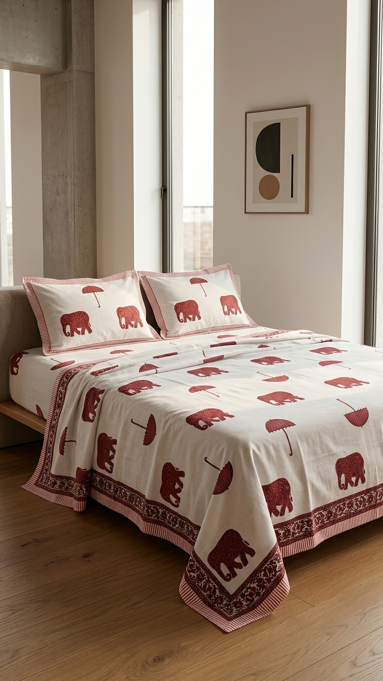 Ivory Red Elephant Bliss Cotton Bedsheet Set