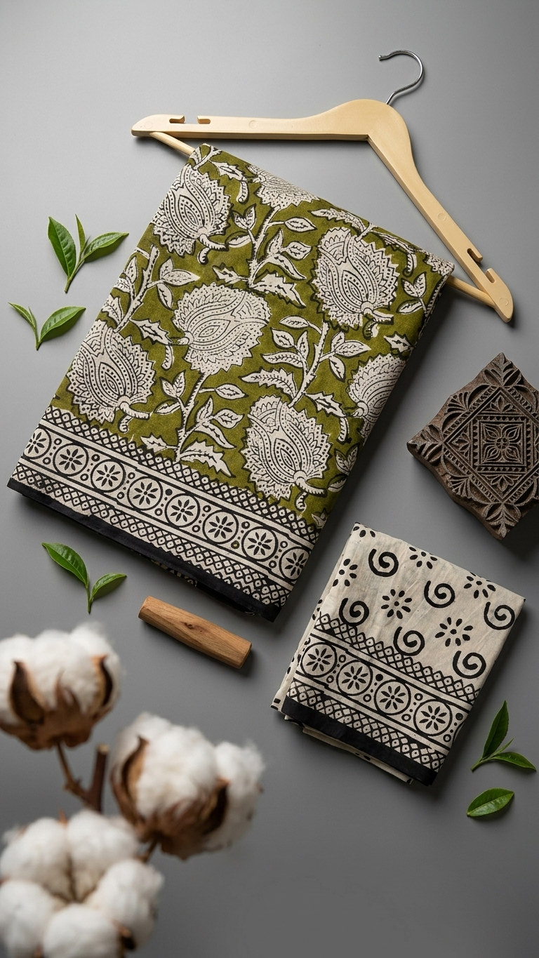 Olive Green Handblock Printed Cotton Saree with Contrast Border
