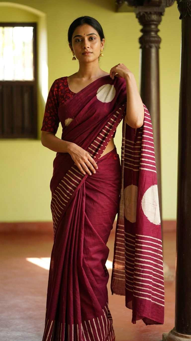 Magenta Handblock Printed Cotton Saree with Abstract Stripe Pallu
