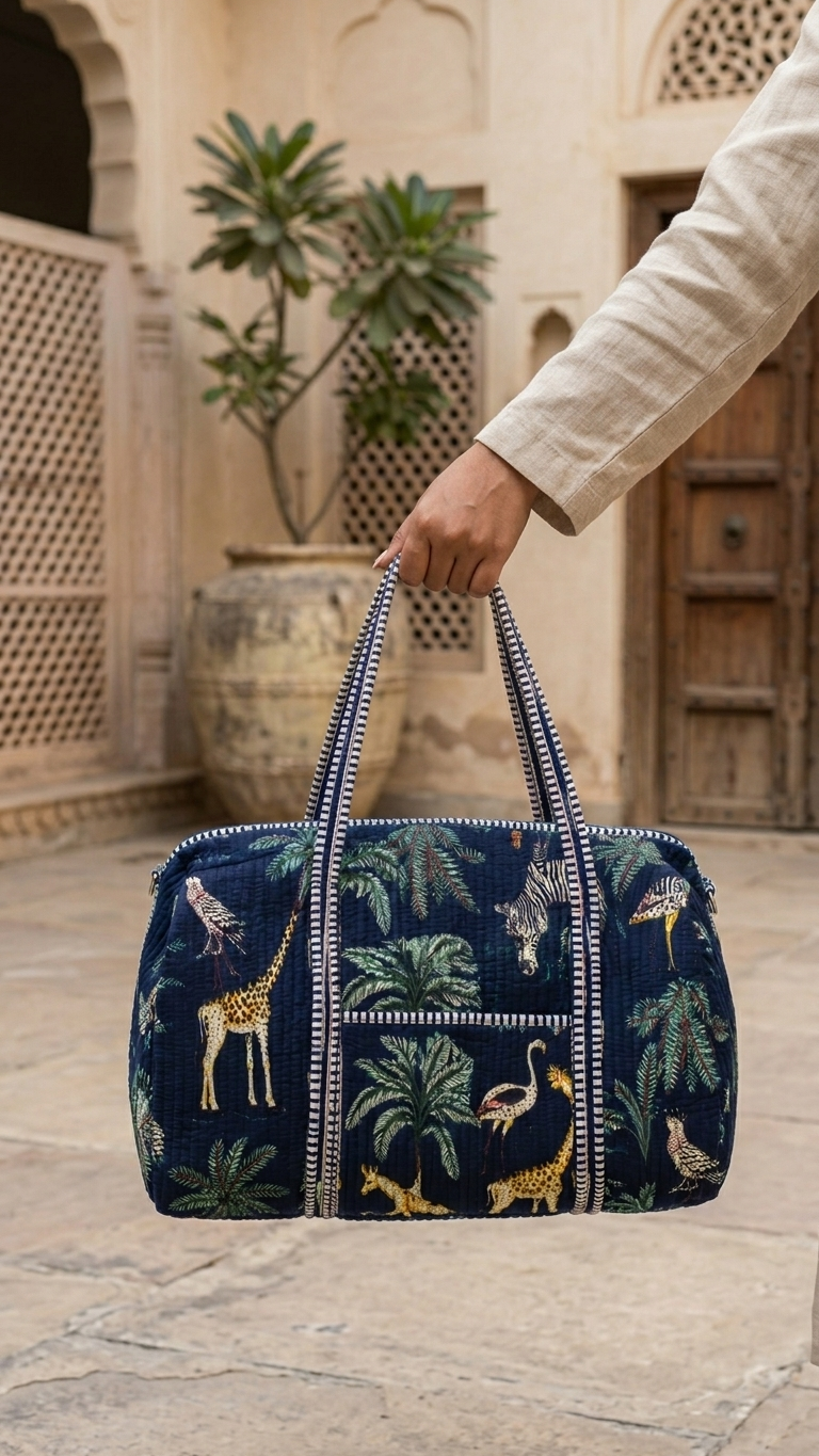 Navy Blue Safari Jungle Quilted Duffle Bag