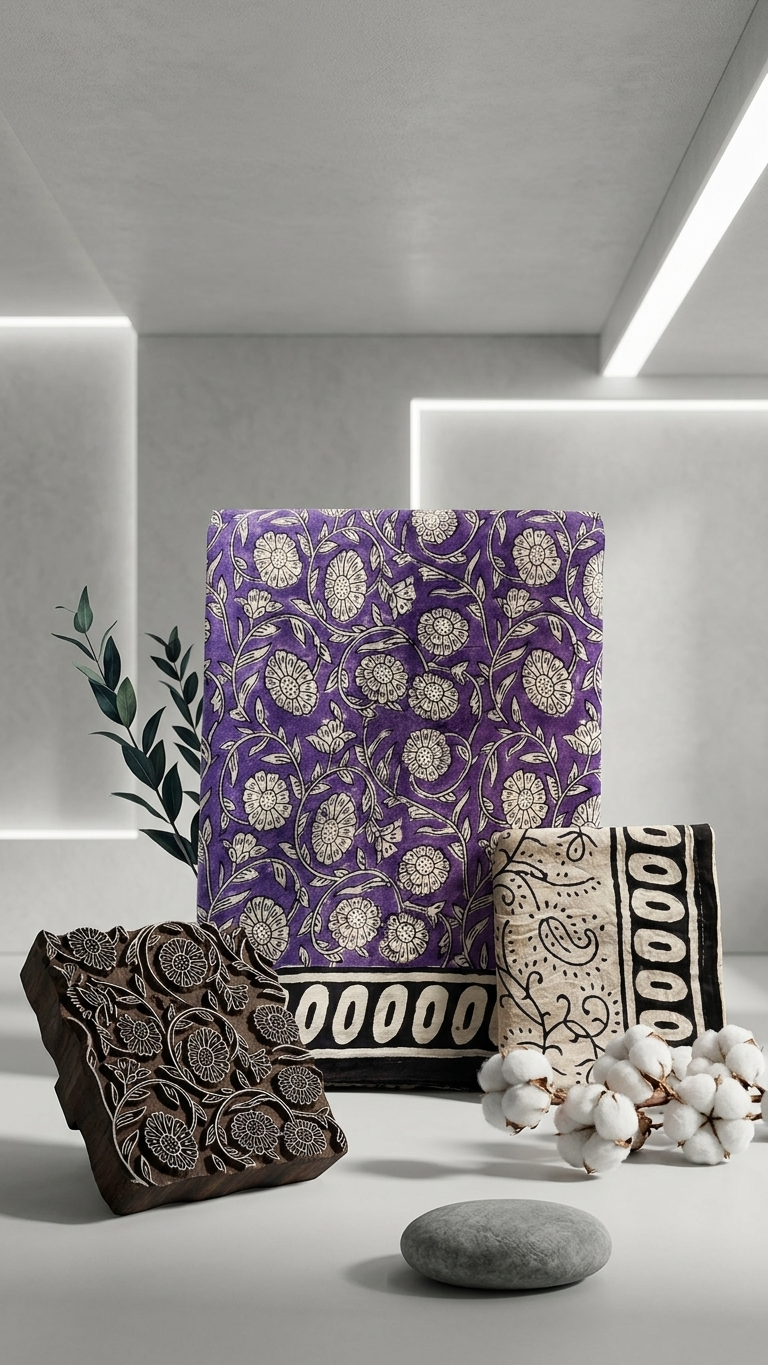 Purple Handblock Printed Cotton Saree with Black Contrast Border