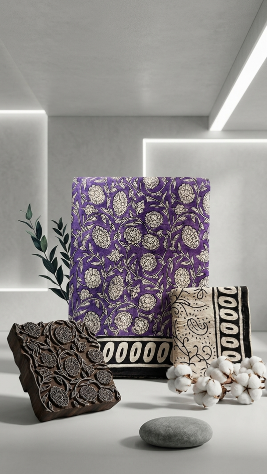 Purple Handblock Printed Cotton Saree with Black Contrast Border