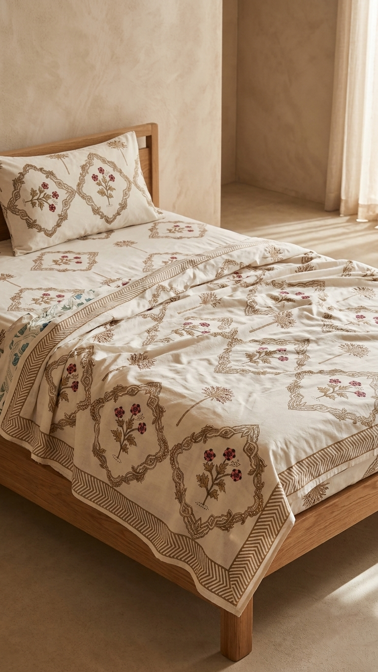 Ivory & Beige Floral Medallion Print Cotton Bedsheet Set