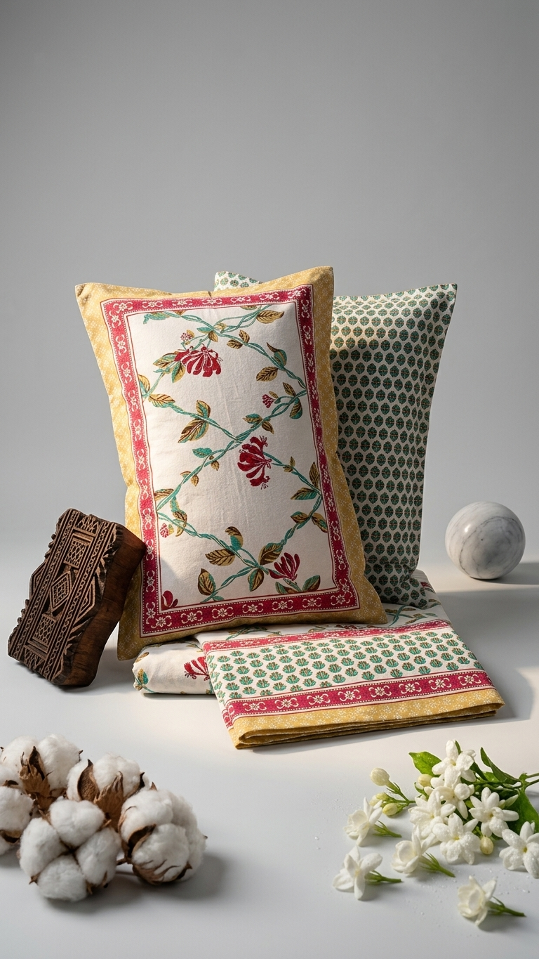 Red & Teal Floral Vine Block Print Cotton Bedsheet Set