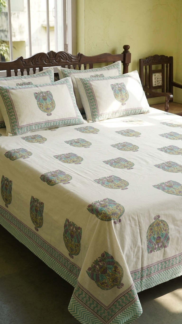 Ivory Aqua & Mauve Peacock Motif Cotton Bedsheet Set