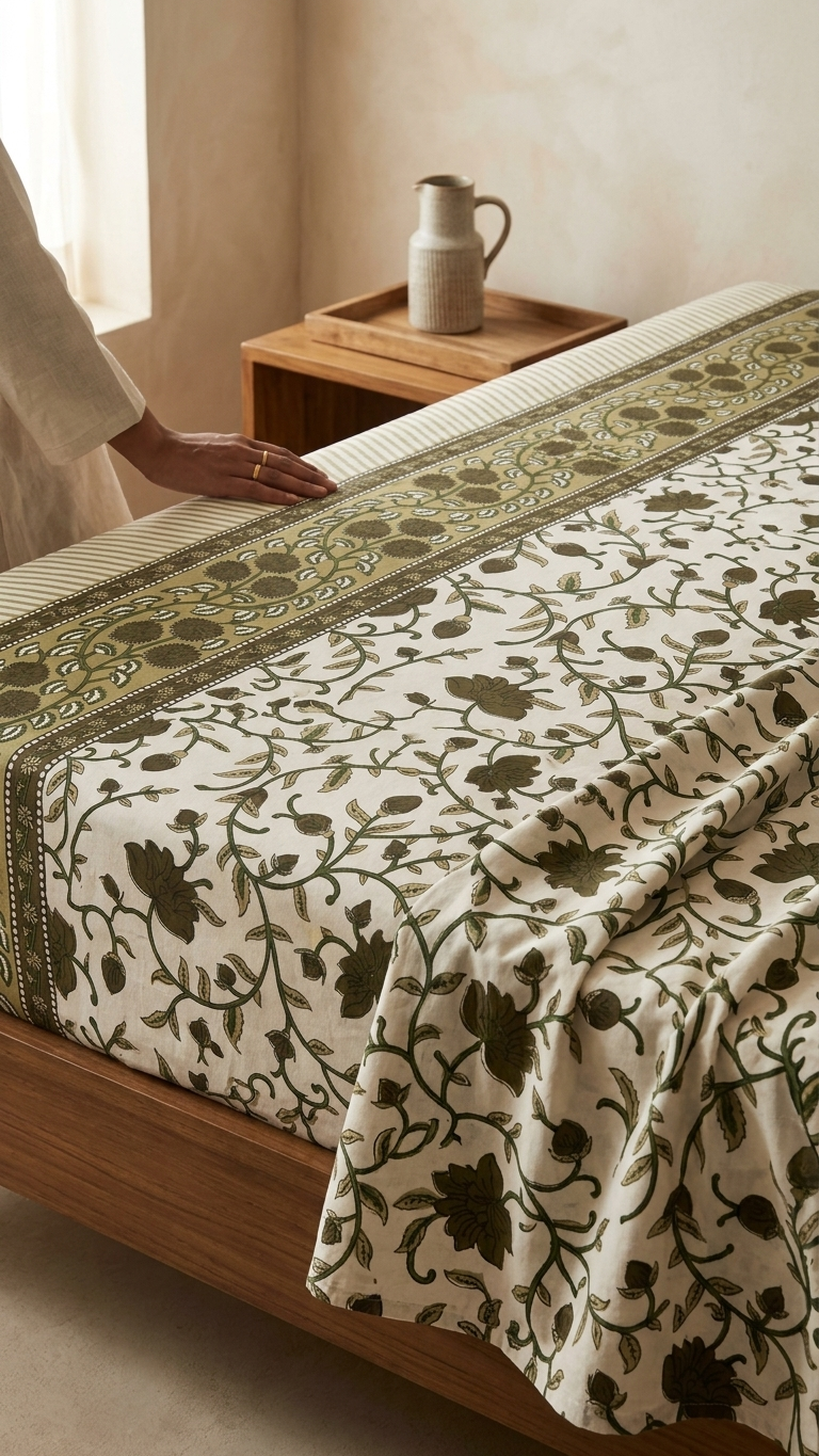 Ivory & Olive Floral Vine Print Cotton Bedsheet Set