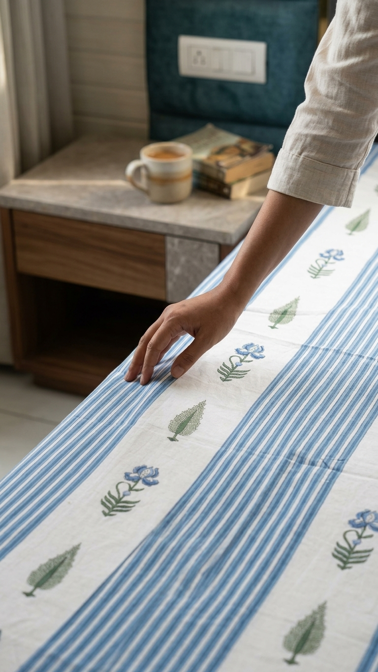 Blue Stripe Block Print Cotton Bedsheet Set