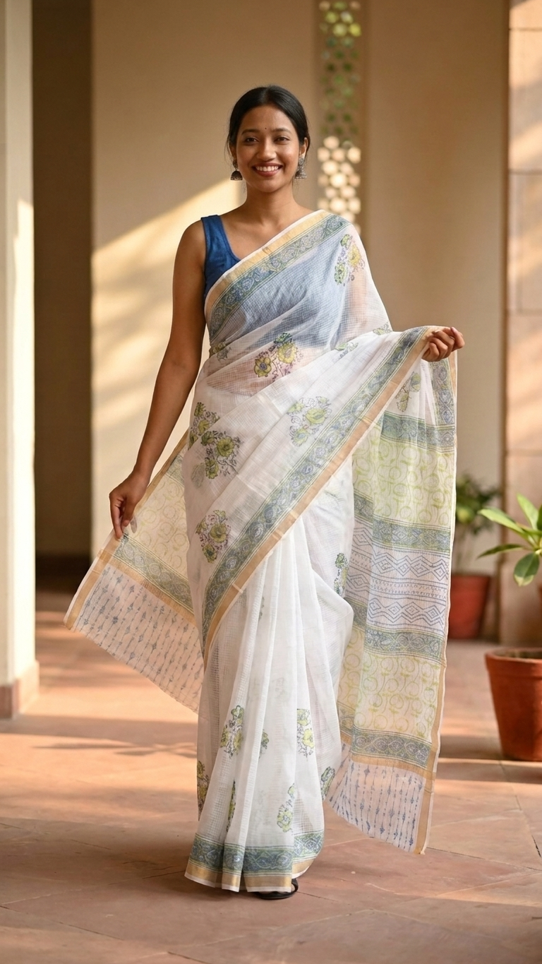 Off-White Hand Block Printed Kota Saree
