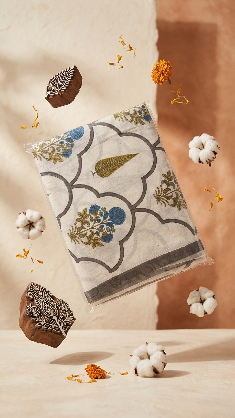 Ivory Blue & Mustard Floral Trellis Print Cotton Bedsheet Set