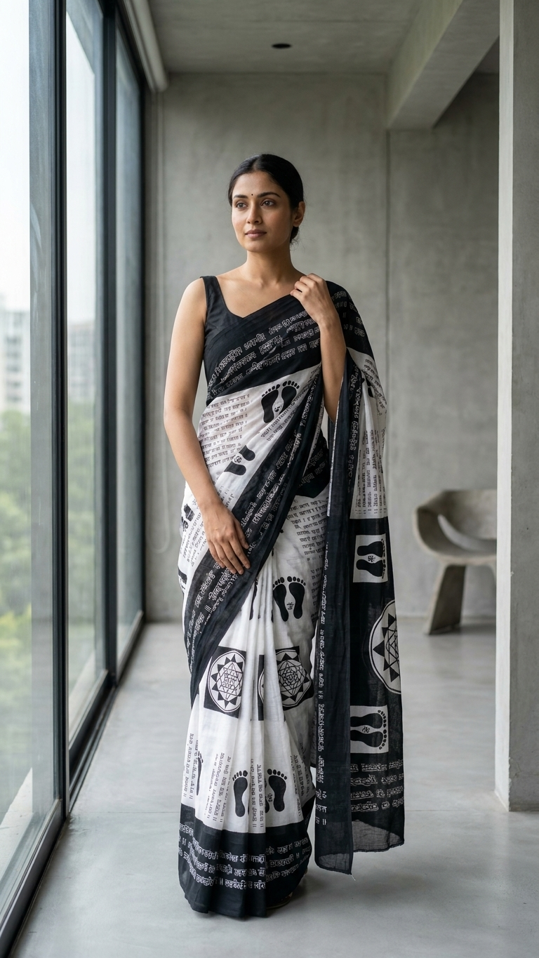 Sacred Script Hand Block Printed Black & Ivory Cotton Saree | Shri Yantra & Charan Paduka Motif