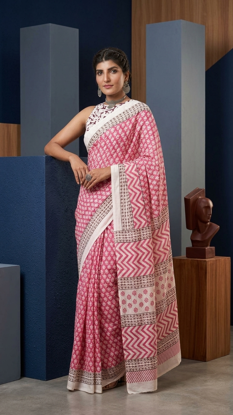 Hand Block Print Cotton Saree in Rose Pink