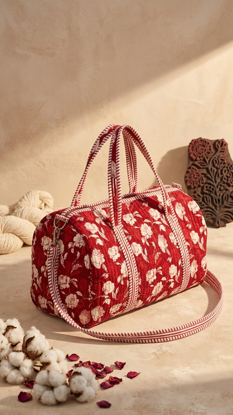 Red & Ivory Cotton Duffle Bag