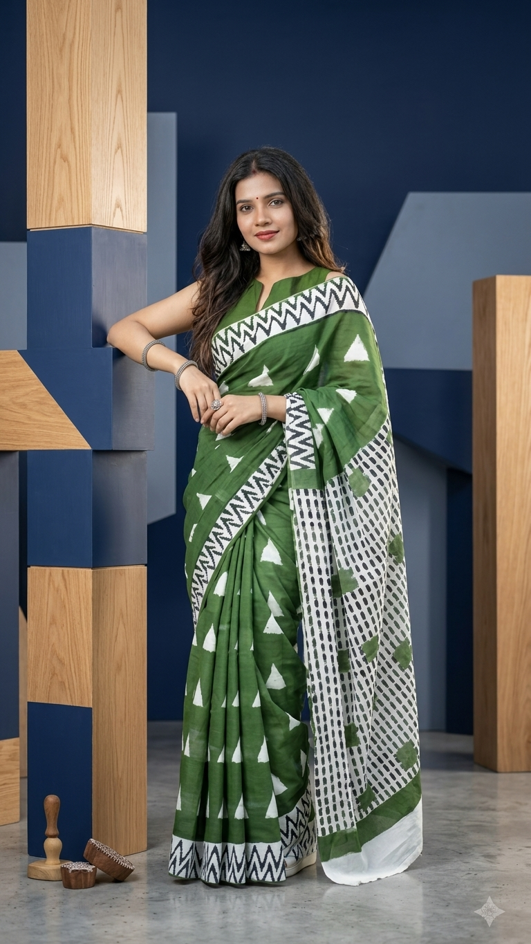 Forest Green Hand Block Printed Cotton Saree