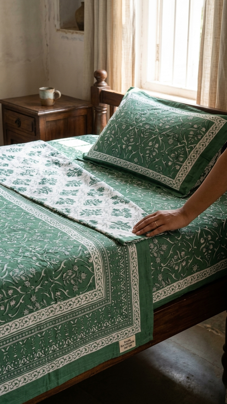 Teal & White Jaal Block Print Cotton Bedsheet Set