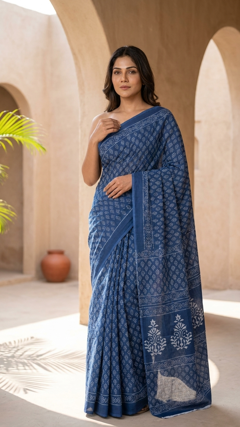 Indigo Hand Block Print Cotton Saree